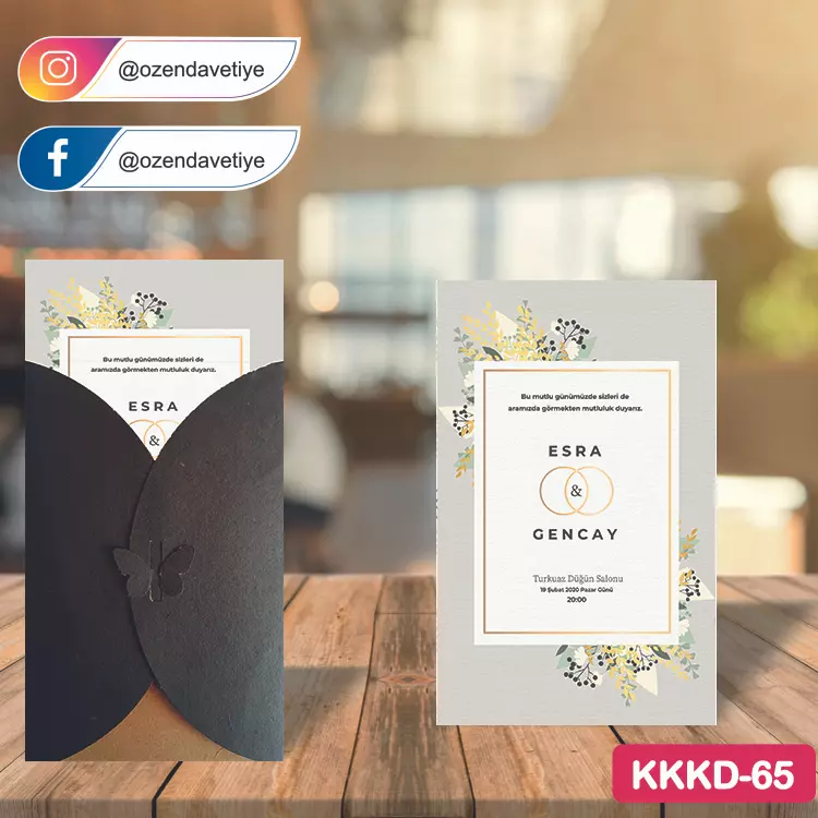 ozen-davetiye-Düğün Davetiyesi - Kahverengi Kelebekli Kraft Zarflı Davetiye Model No:65